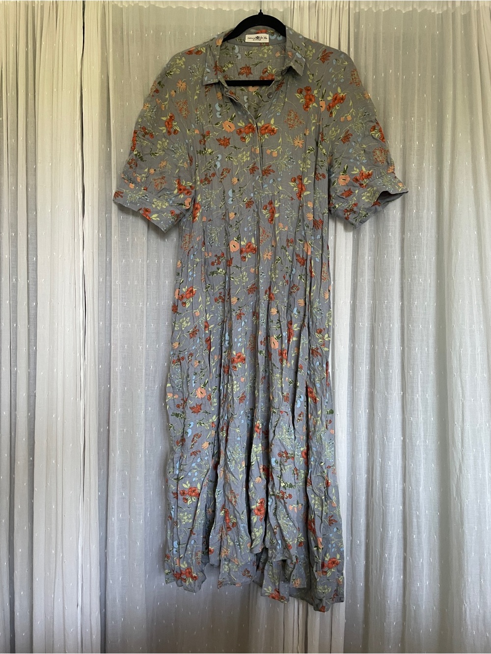 Gray Floral Maxi Dress with Collar